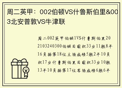 周二英甲：002伯顿VS什鲁斯伯里&003北安普敦VS牛津联