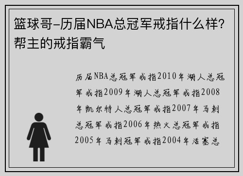 篮球哥-历届NBA总冠军戒指什么样？帮主的戒指霸气